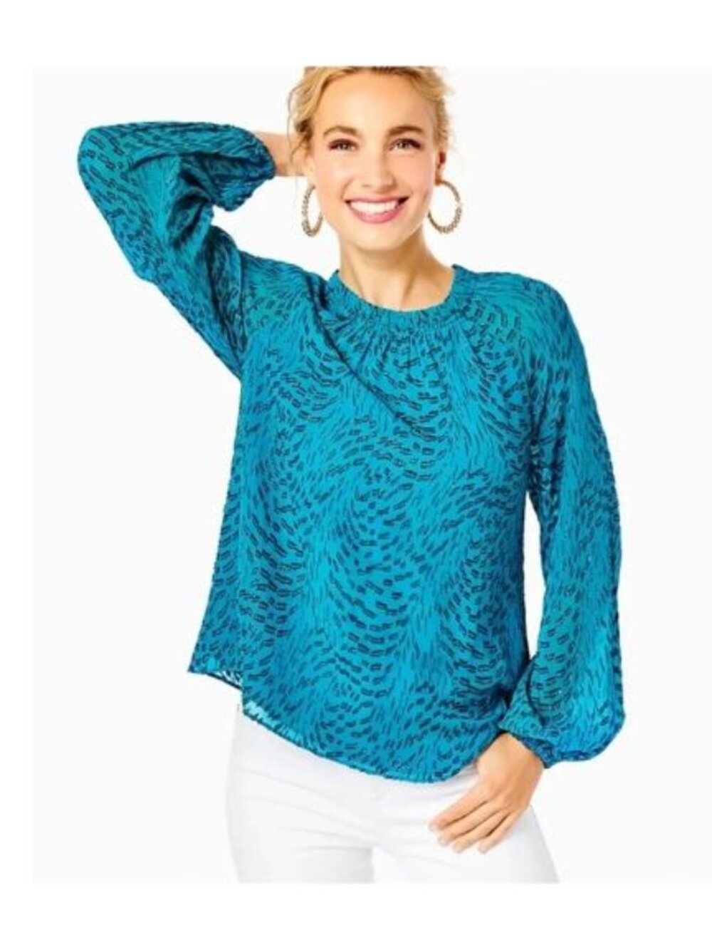 Lilly Pulitzer Caline Silk Top in Teal Bay Silk Swirl Clip